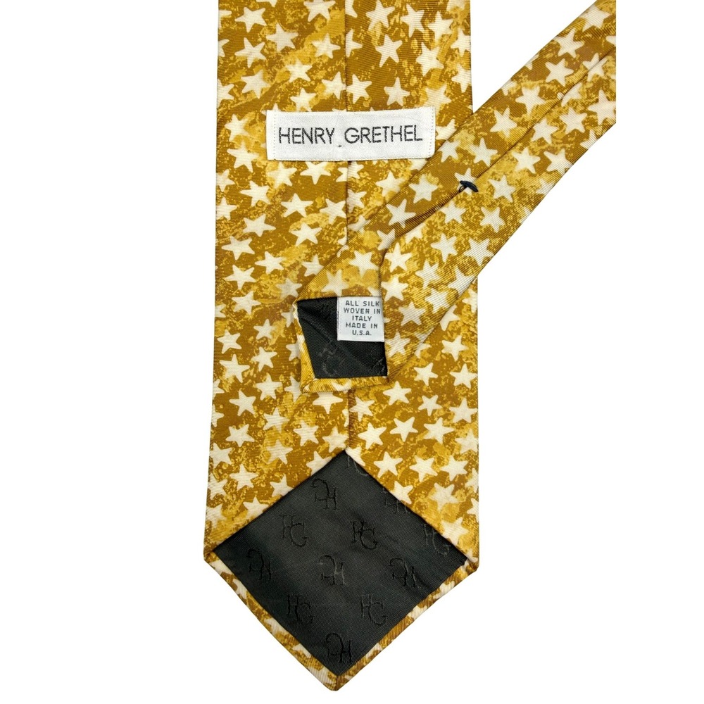 Henry Grethel Star Pattern 100% Italian Silk Mens Tie Gold White 57"L - Picture 3 of 6